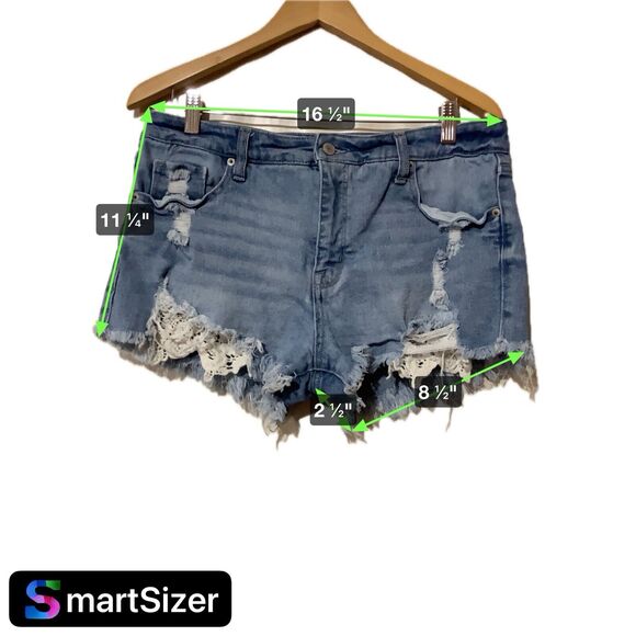 Mossimo High Rise Distressed Denim Shorts 14/32 Light Wash Crochet Lace - Picture 8 of 9